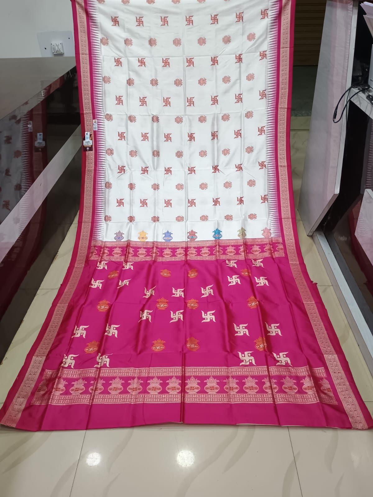 White Magenta Swastik Kalash Silk Saree