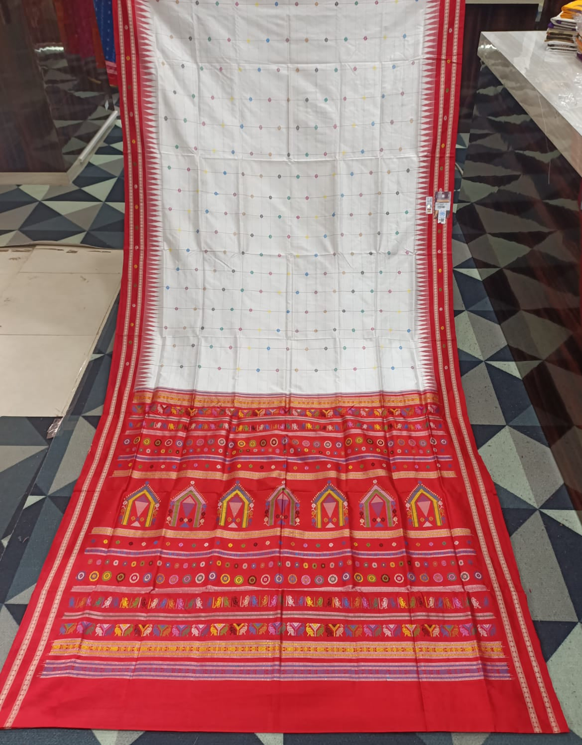 White Red Body Checks Dolabedi Silk Saree