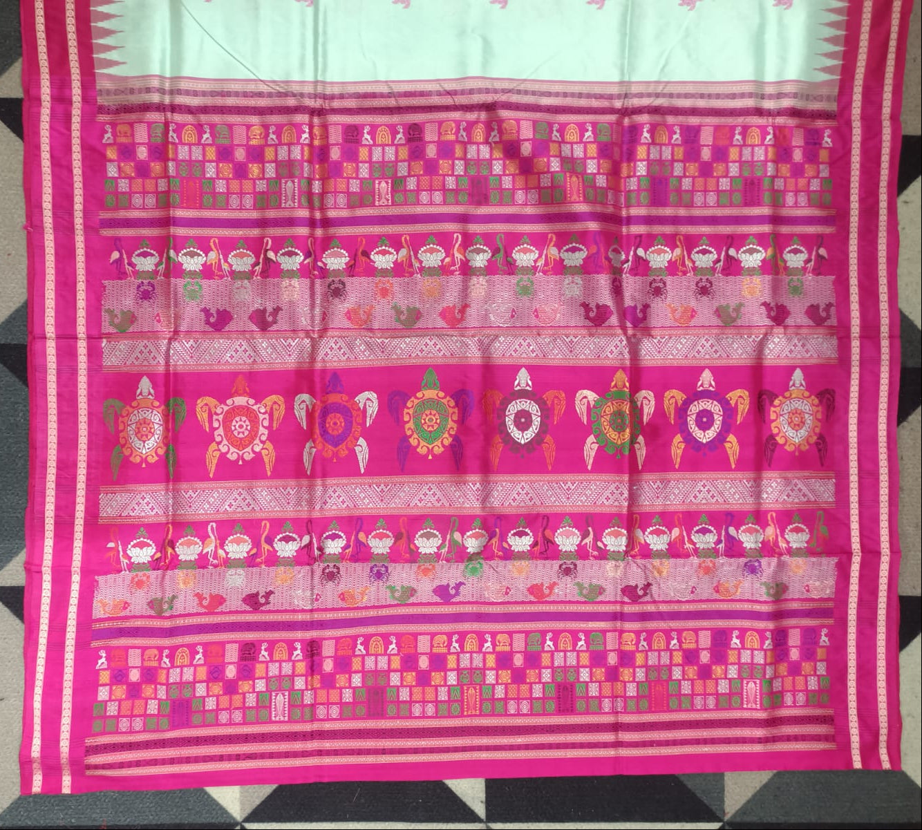 Sea Green Magenta Chilika Theme Exclusive Sambalpuri Silk Saree