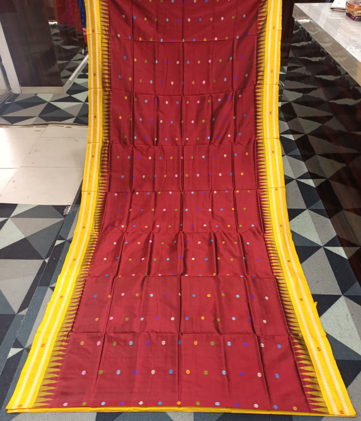 Maroon Yellow Neela Chakra Sambalpuri Silk Saree