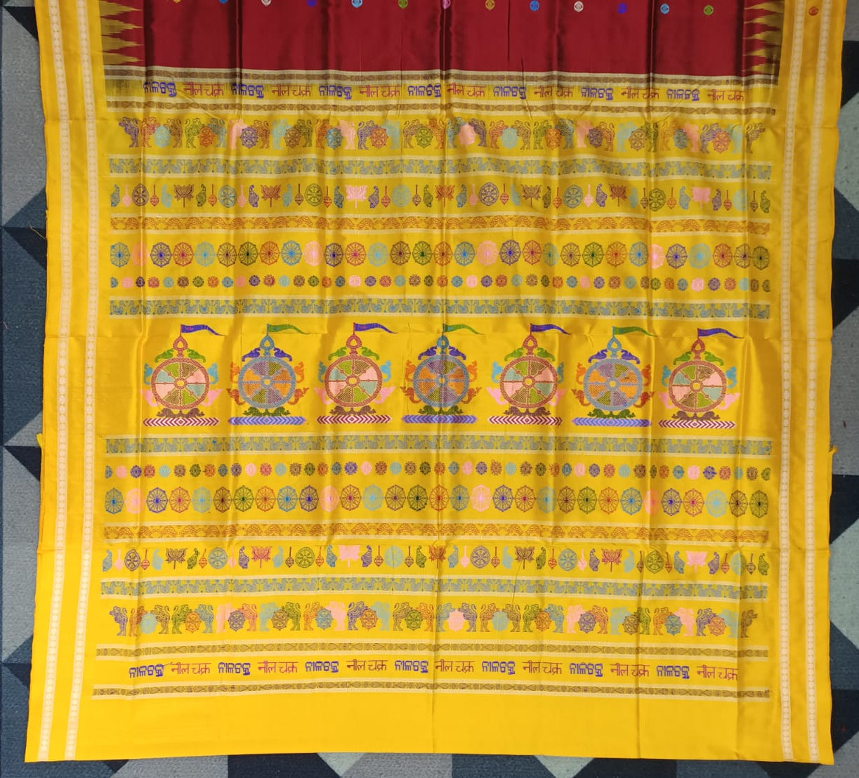 Maroon Yellow Neela Chakra Sambalpuri Silk Saree