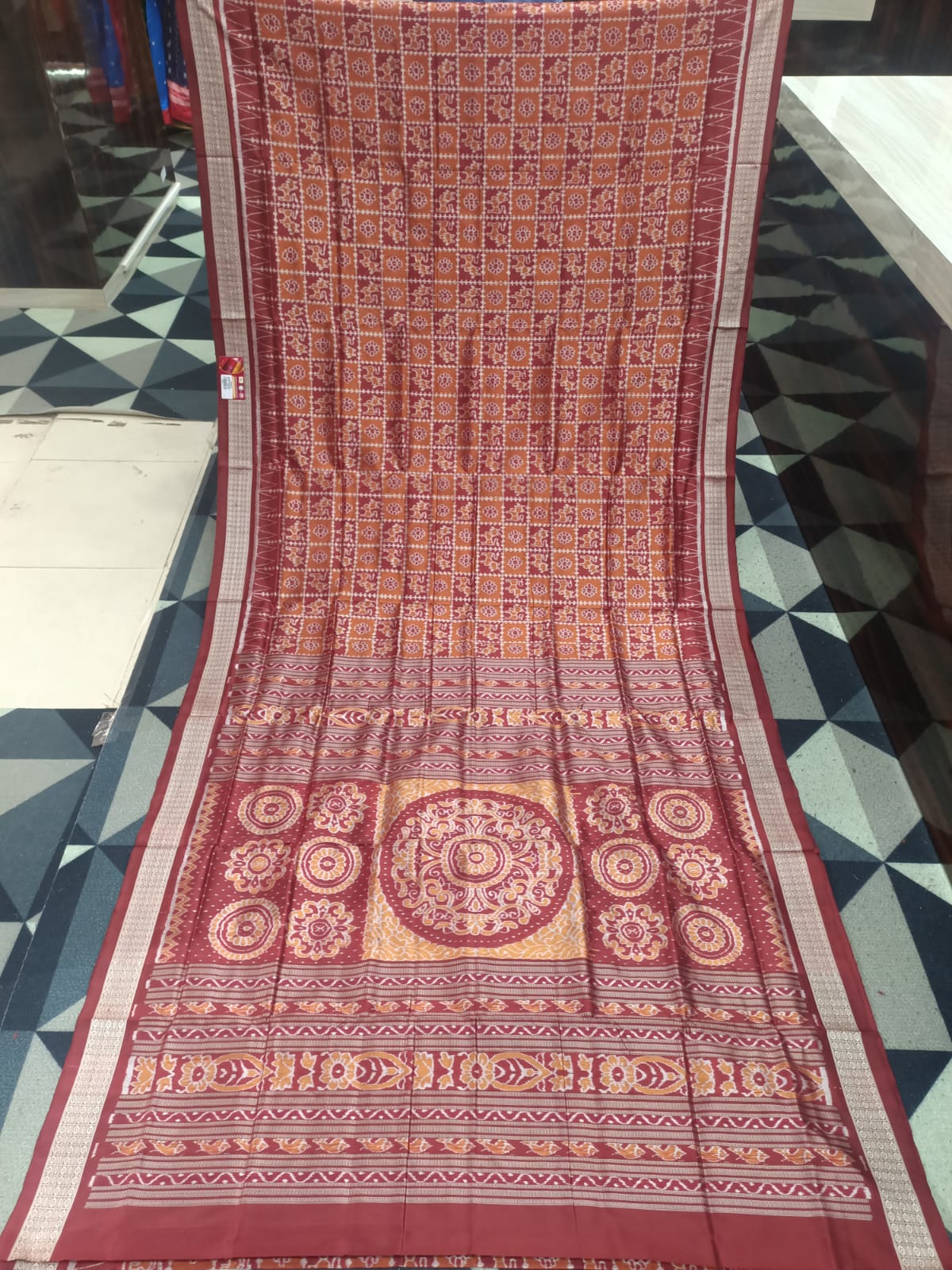 Mustard Maroon Small Box Animal Sambalpuri Silk Saree