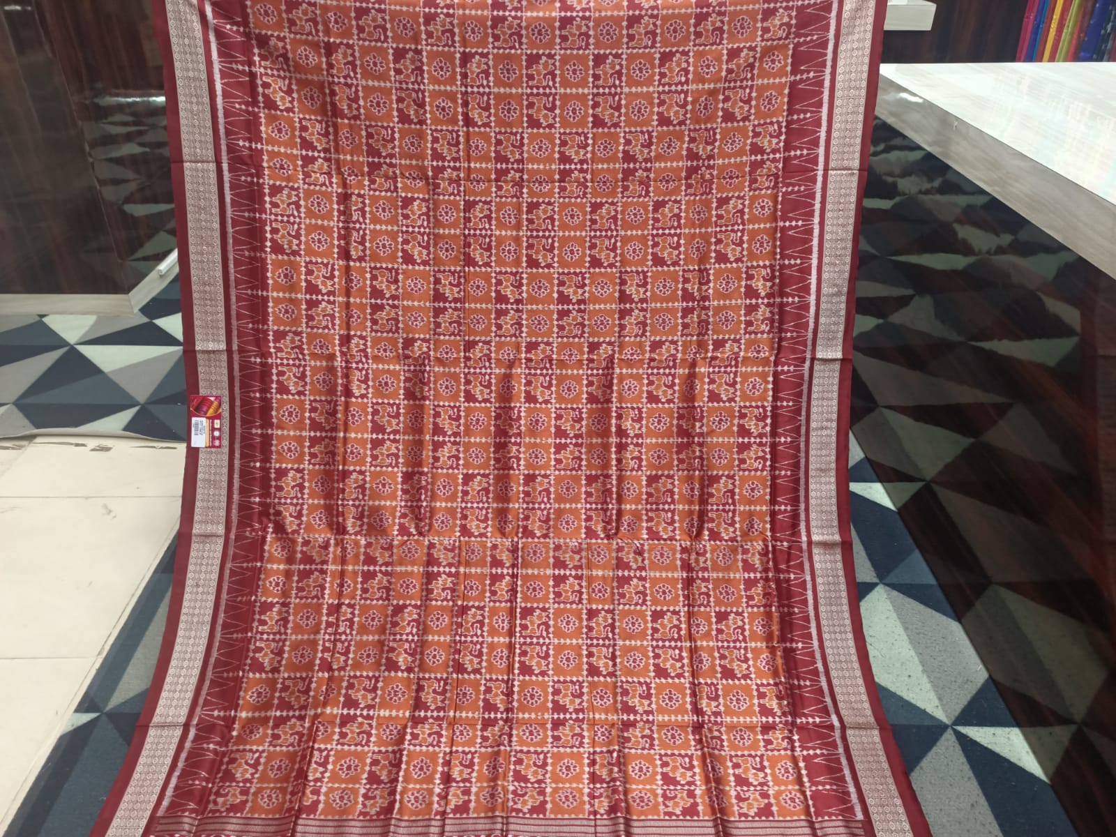 Mustard Maroon Small Box Animal Sambalpuri Silk Saree