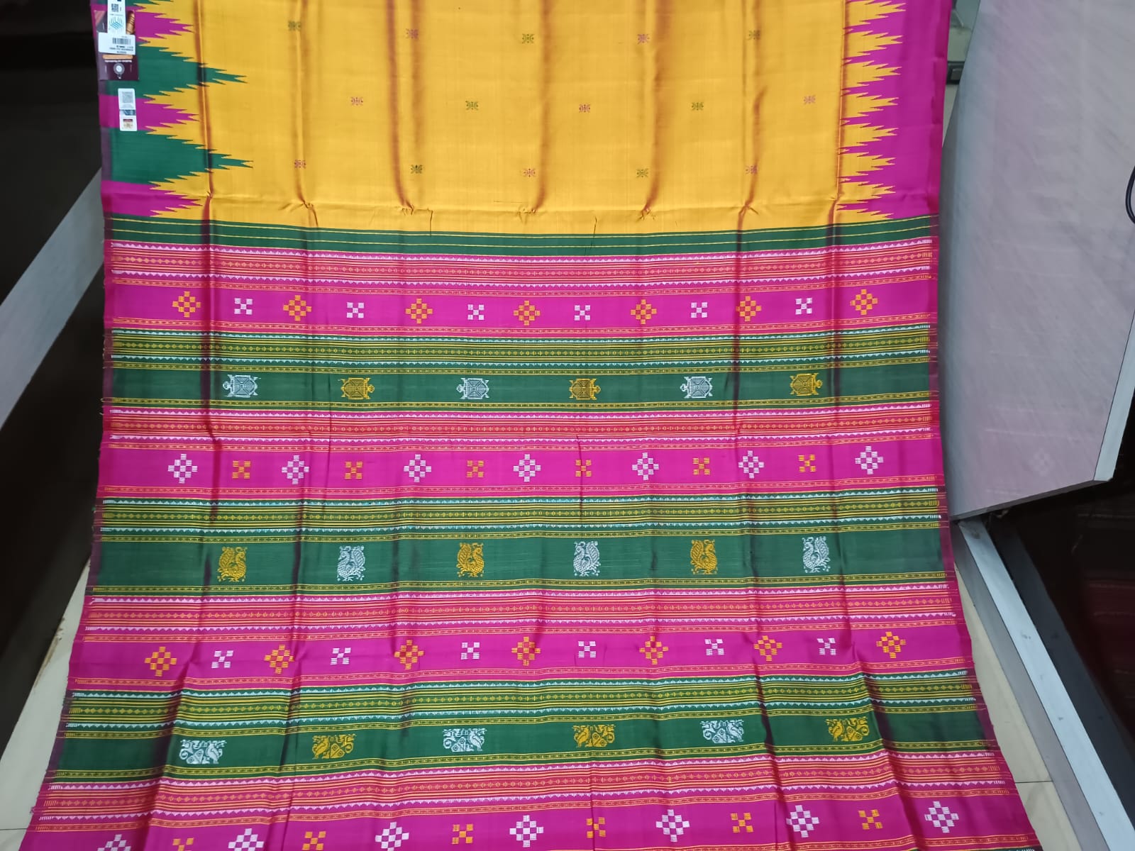 Yellow Magenta Multi Colour Kumbha Double Anchal Berhampuri Silk Saree