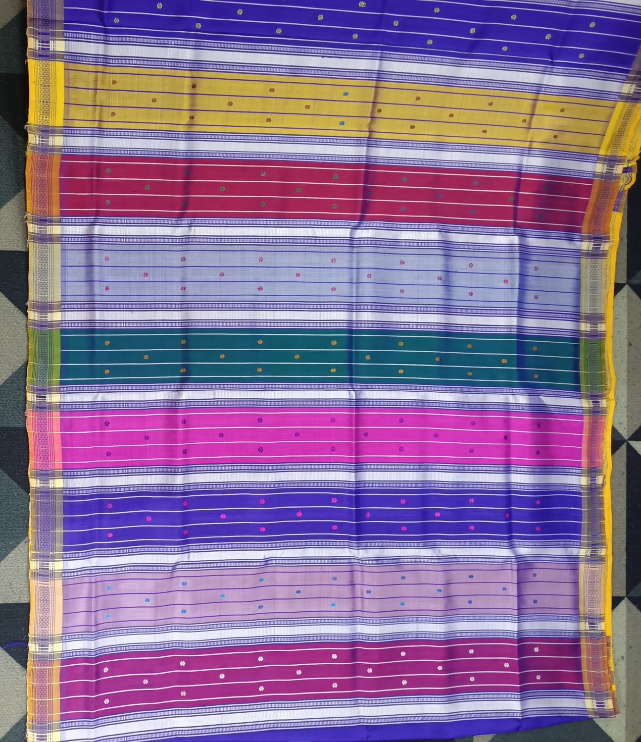 Blue Yellow Multi Colour Double Anchal Berhampuri Silk Saree