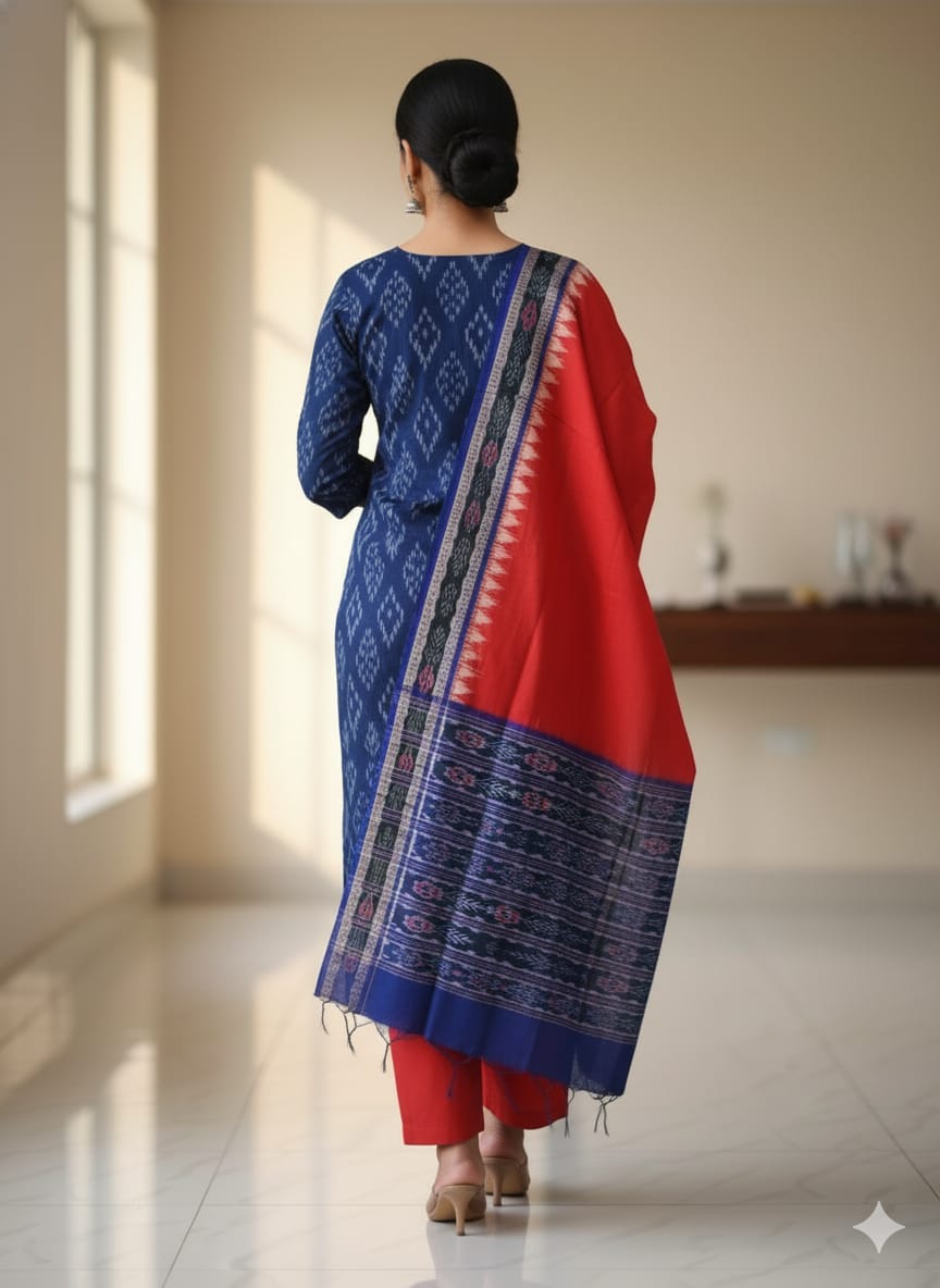 Blue Red Ikat  Handwoven Odisha Ikat Unstitched Dress Material Set (Top 2.5m, Bottom 2m, Dupatta 2.5m)