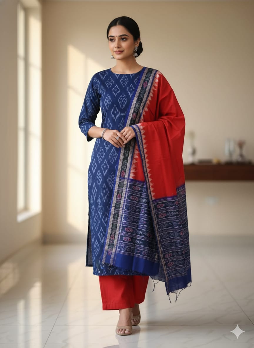 Blue Red Ikat  Handwoven Odisha Ikat Unstitched Dress Material Set (Top 2.5m, Bottom 2m, Dupatta 2.5m)