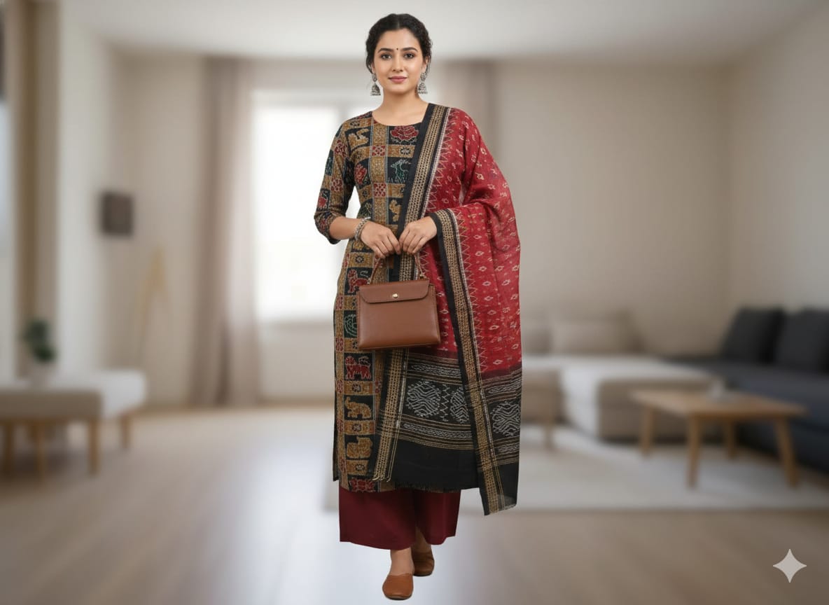 Black Maroon Nabakothi  Handwoven Odisha Ikat Unstitched Dress Material Set (Top 2.5m, Bottom 2m, Dupatta 2.5m)