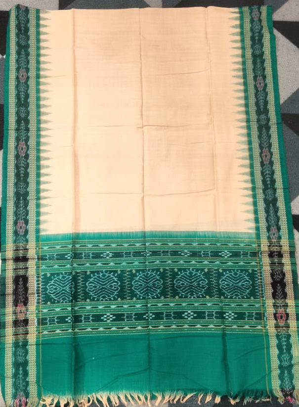 Green Creame Handwoven Odisha Ikat Unstitched Dress Material Set (Top 2.5m, Bottom 2m, Dupatta 2.5m)