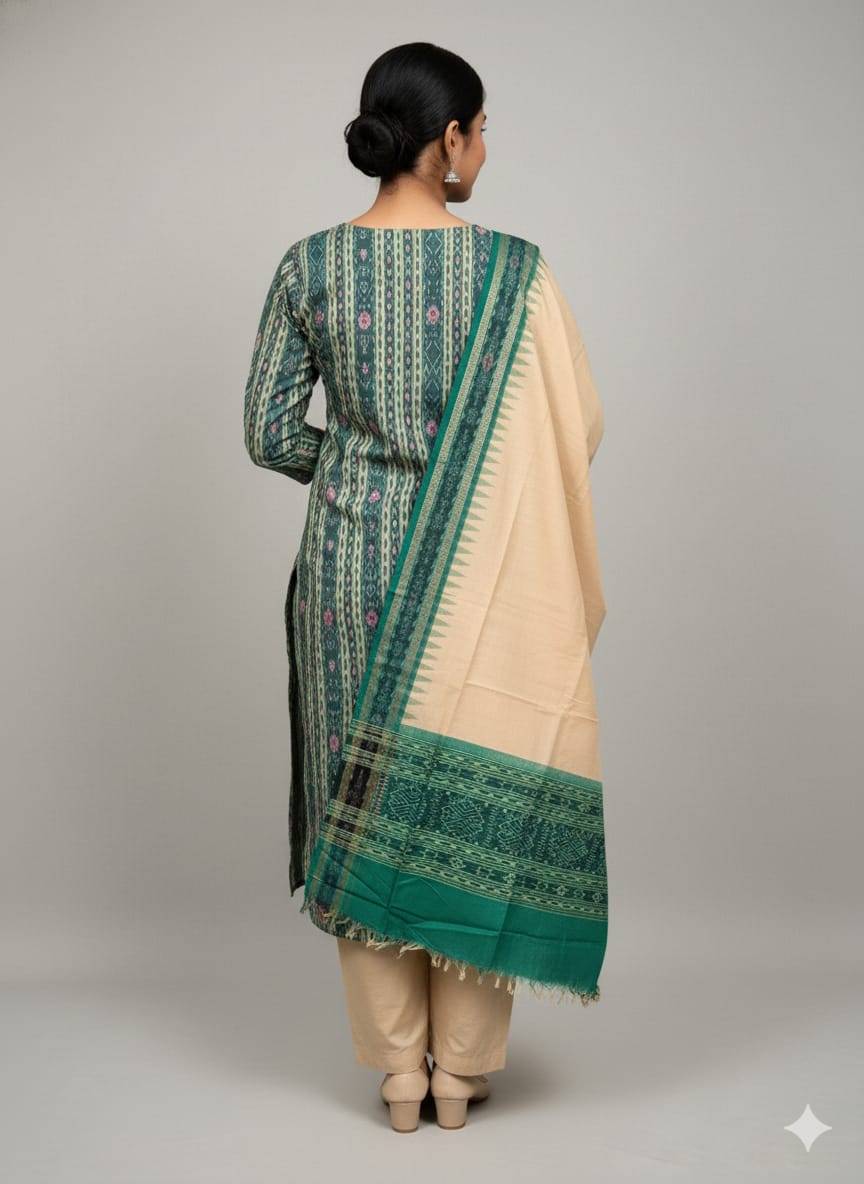 Green Creame Handwoven Odisha Ikat Unstitched Dress Material Set (Top 2.5m, Bottom 2m, Dupatta 2.5m)
