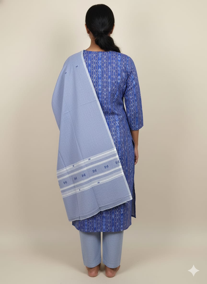Blue Light Blue Handwoven Odisha Ikat Unstitched Dress Material Set (Top 2.5m, Dupatt2.5m, Bottom 2m)