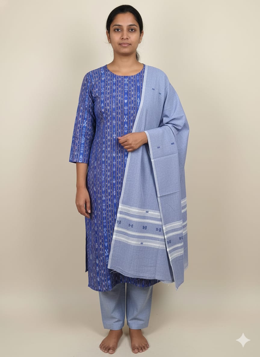 Blue Light Blue Handwoven Odisha Ikat Unstitched Dress Material Set (Top 2.5m, Dupatt2.5m, Bottom 2m)