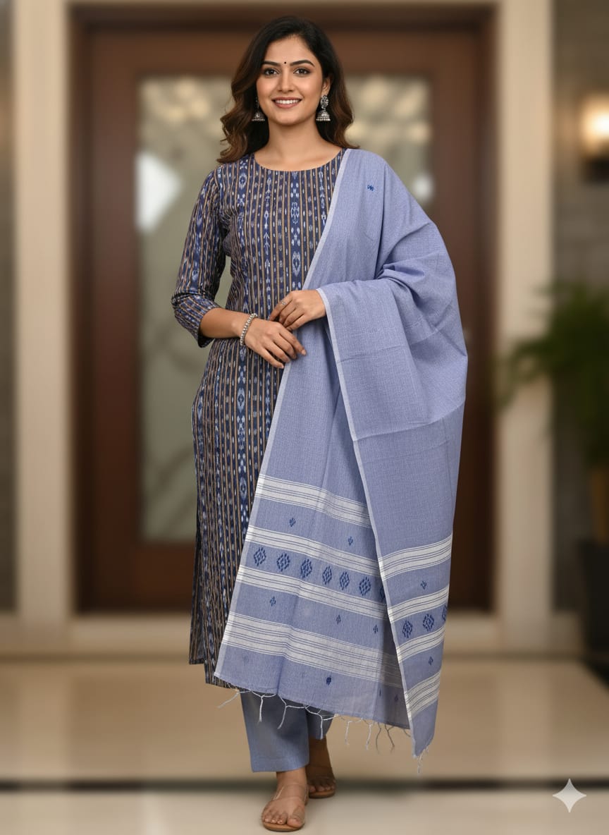 Navy Blue Light Blue Handwoven Odisha Ikat Unstitched Dress Material Set (Top 2.5m, Dupatt2.5m, Bottom 2m)