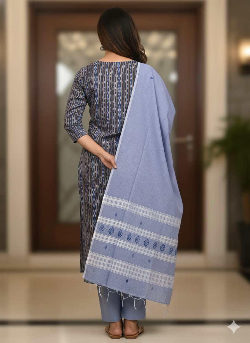 Navy Blue Light Blue Handwoven Odisha Ikat Unstitched Dress Material Set (Top 2.5m, Dupatt2.5m, Bottom 2m)