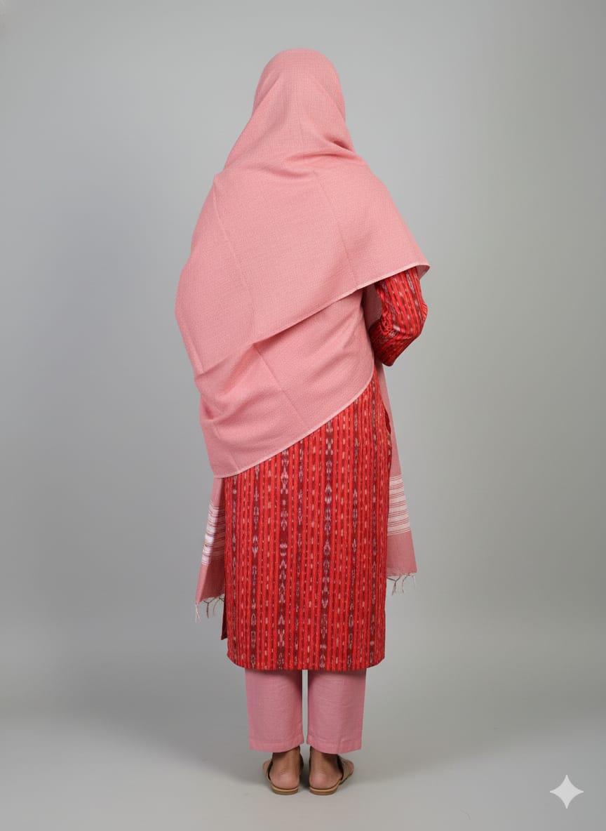 Red Light Pink Handwoven Odisha Ikat Unstitched Dress Material Set (Top 2.5m, Dupatt2.5m, Bottom 2m)