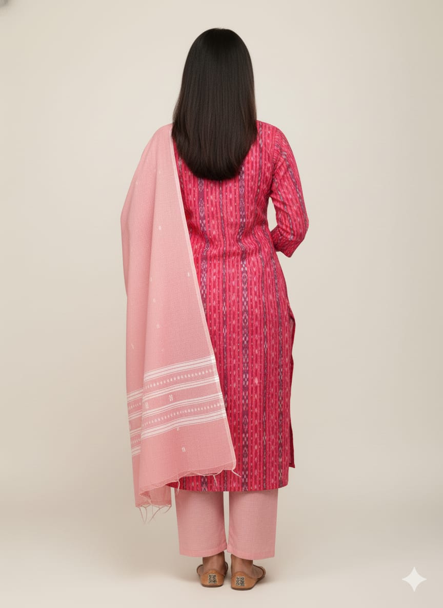 Red Light Pink Handwoven Odisha Ikat Unstitched Dress Material Set (Top 2.5m, Dupatt2.5m, Bottom 2m)