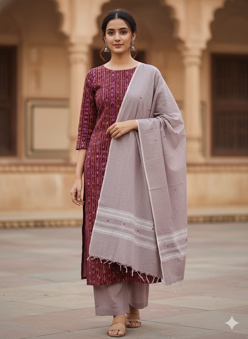 Deep Purple Brownish-grey Handwoven Odisha Ikat Unstitched Dress Material Set (Top 2.5m, Dupatt2.5m, Bottom 2m )