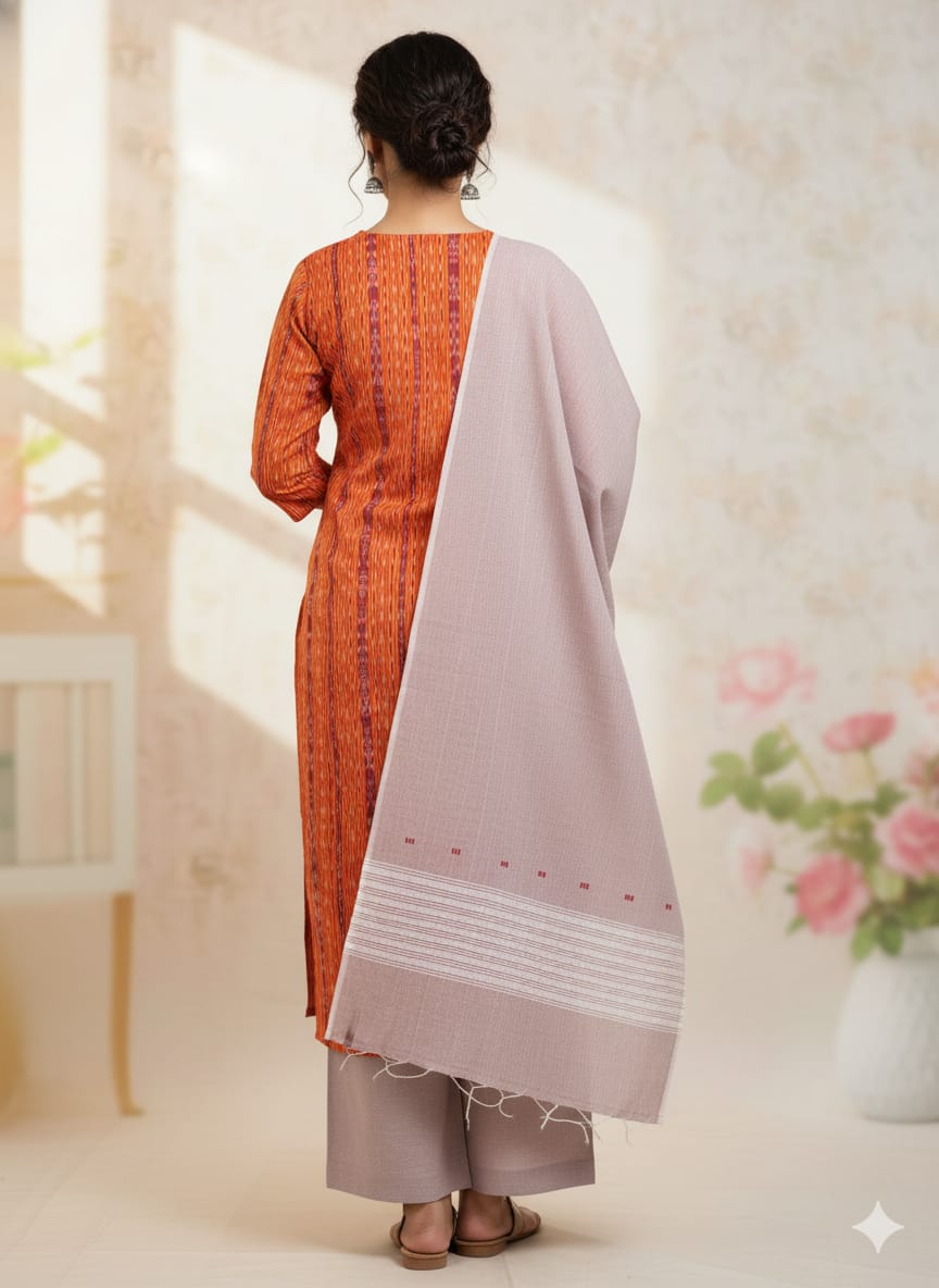 Orange Brownish-grey Handwoven Odisha Ikat Unstitched Dress Material Set (Top 2.5m, Dupatt2.5m, Bottom 2m)