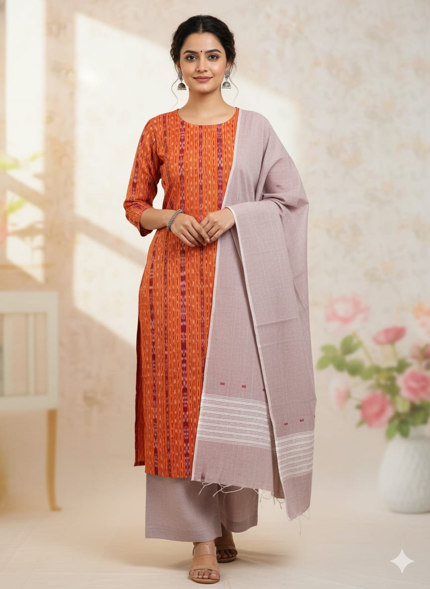 Orange Brownish-grey Handwoven Odisha Ikat Unstitched Dress Material Set (Top 2.5m, Dupatt2.5m, Bottom 2m)