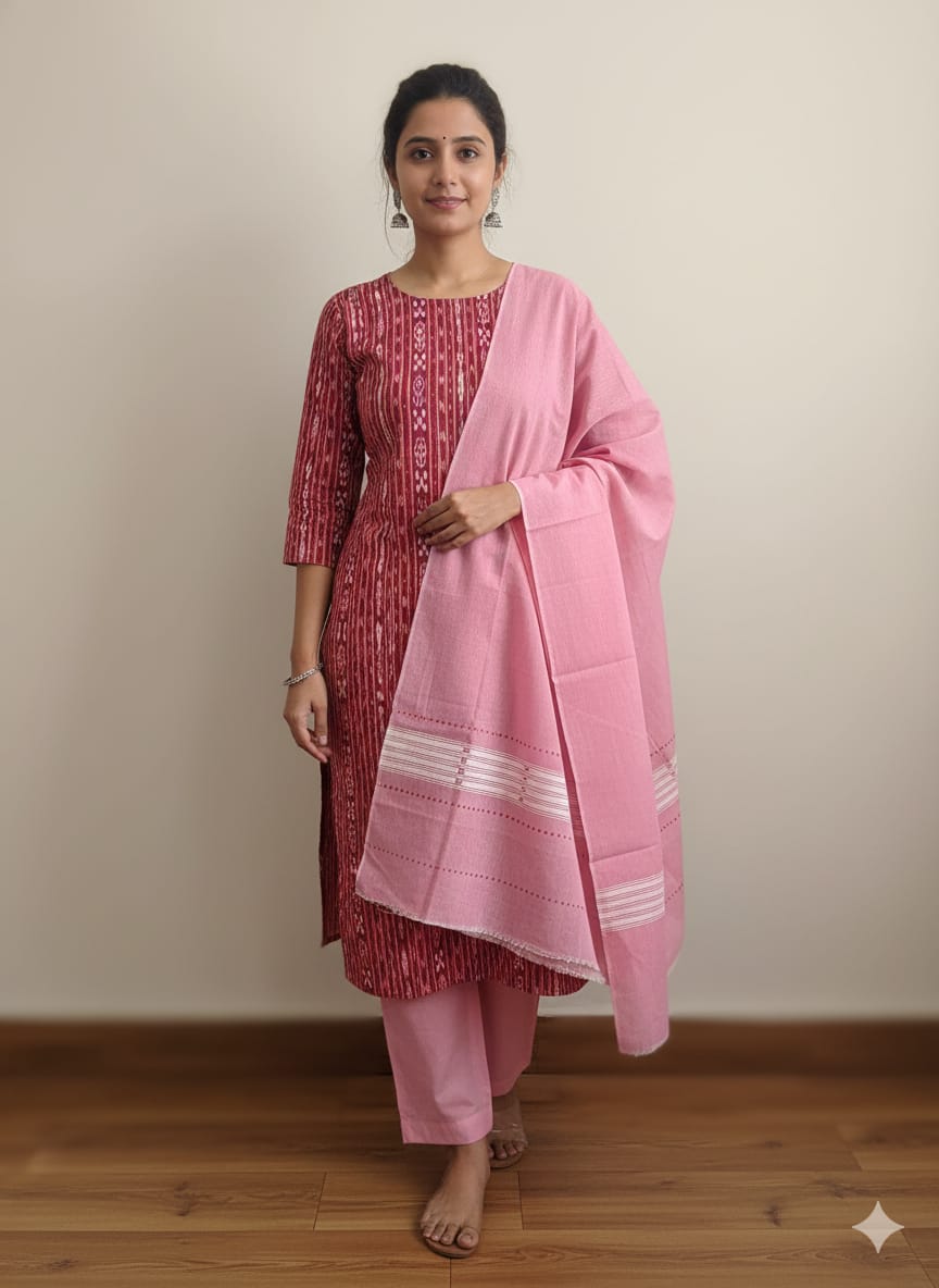 Maroon Peach Handwoven Odisha Ikat Unstitched Dress Material Set (Top 2.5m, Dupatt2.5m, Bottom 2m)