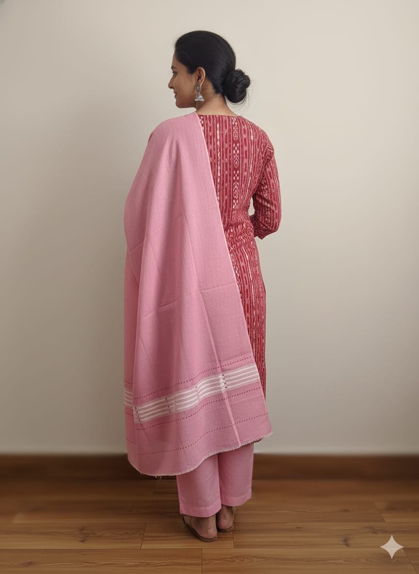 Maroon Peach Handwoven Odisha Ikat Unstitched Dress Material Set (Top 2.5m, Dupatt2.5m, Bottom 2m)