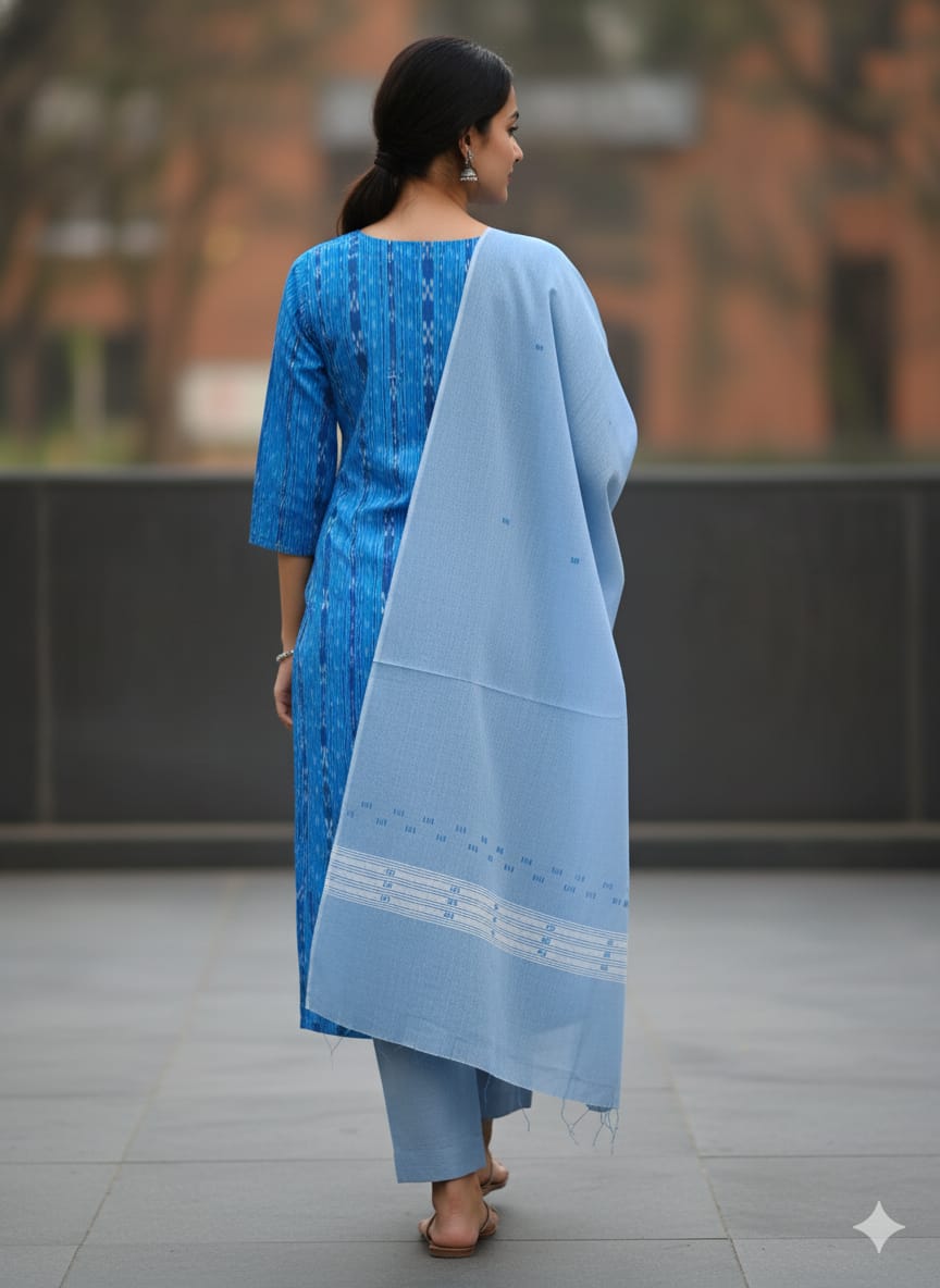 Copper Sulphate  Sky Handwoven Odisha Ikat Unstitched Dress Material Set (Top 2.5m, Dupatt2.5m, Bottom 2m)
