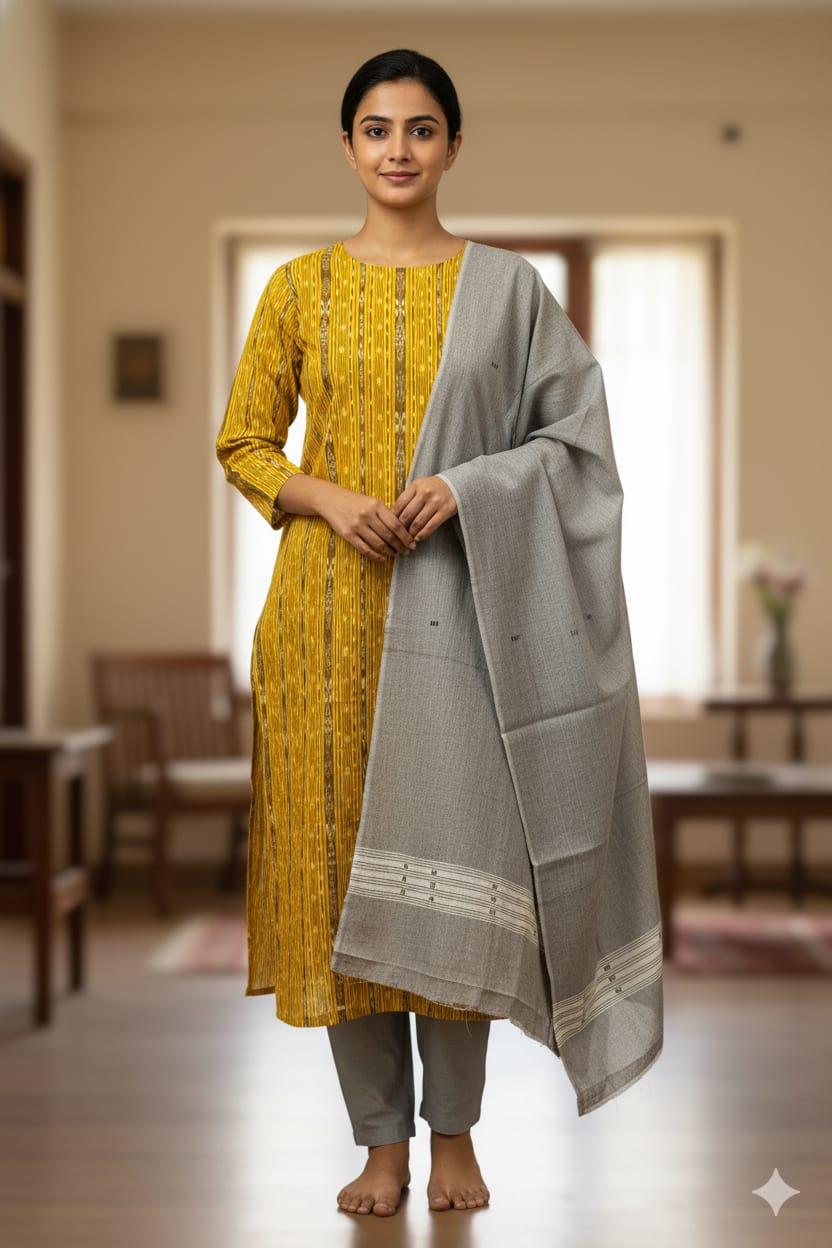 Yellow Grey Handwoven Odisha Ikat Unstitched Dress Material Set (Top 2.5m, Dupatt2.5m, Bottom 2m)