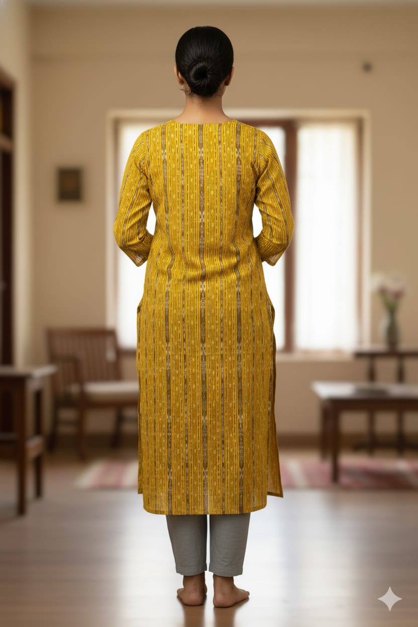 Yellow Grey Handwoven Odisha Ikat Unstitched Dress Material Set (Top 2.5m, Dupatt2.5m, Bottom 2m)