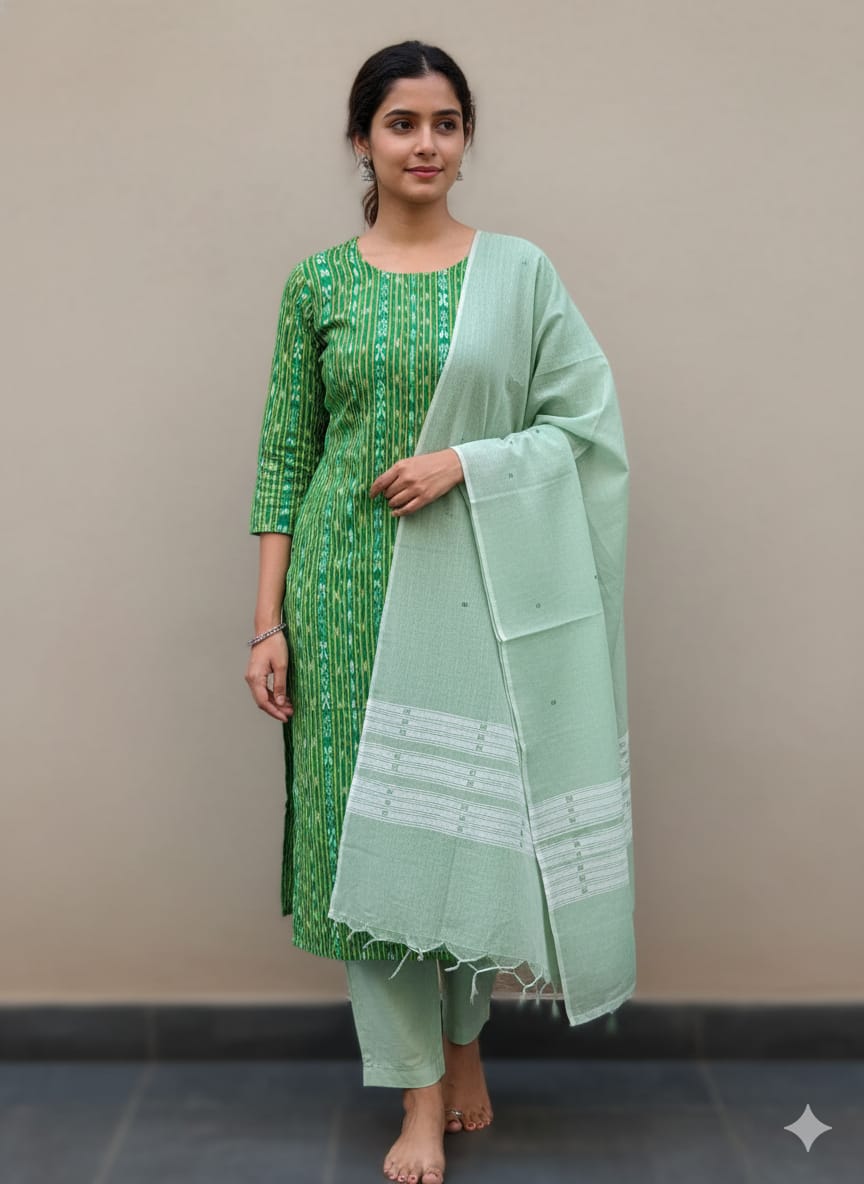 Green Greyish-green Handwoven Odisha Ikat Unstitched Dress Material Set (Top 2.5m, Dupatt2.5m, Bottom 2m)