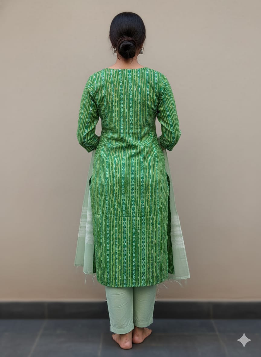 Green Greyish-green Handwoven Odisha Ikat Unstitched Dress Material Set (Top 2.5m, Dupatt2.5m, Bottom 2m)
