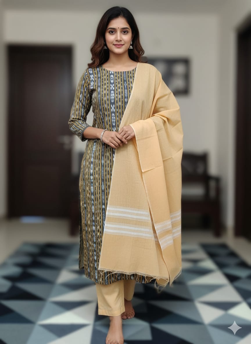 Black Cream Handwoven Odisha Ikat Unstitched Dress Material Set (Top 2.5m, Dupatt2.5m, Bottom 2m)