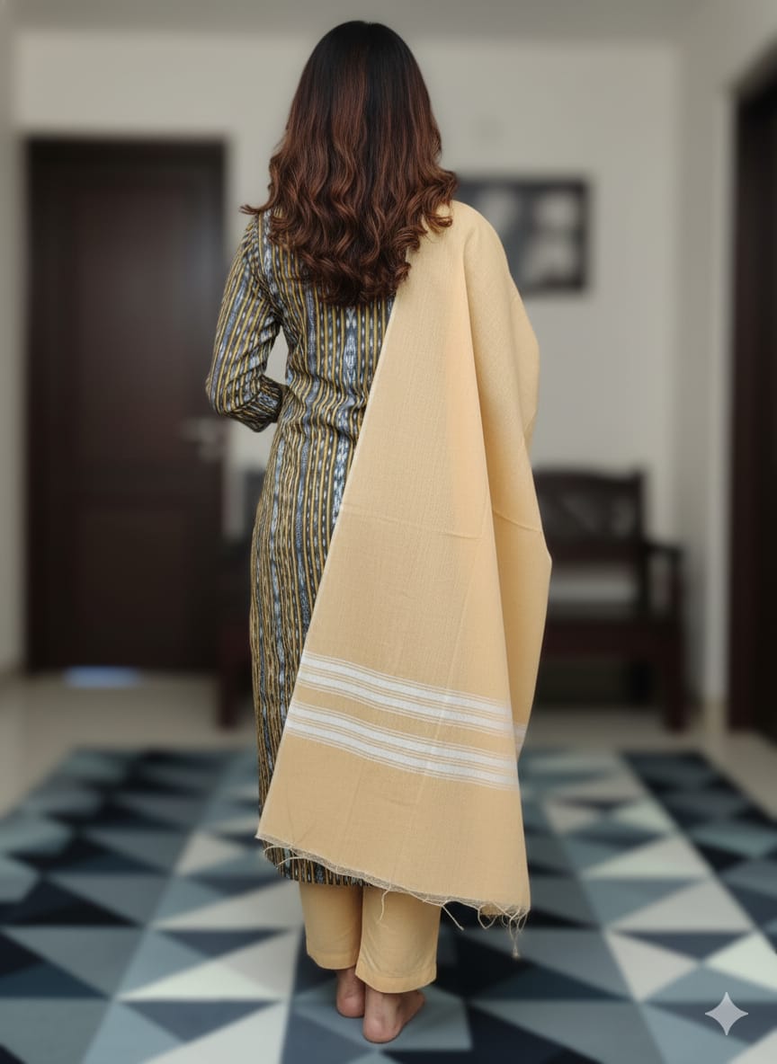 Black Cream Handwoven Odisha Ikat Unstitched Dress Material Set (Top 2.5m, Dupatt2.5m, Bottom 2m)