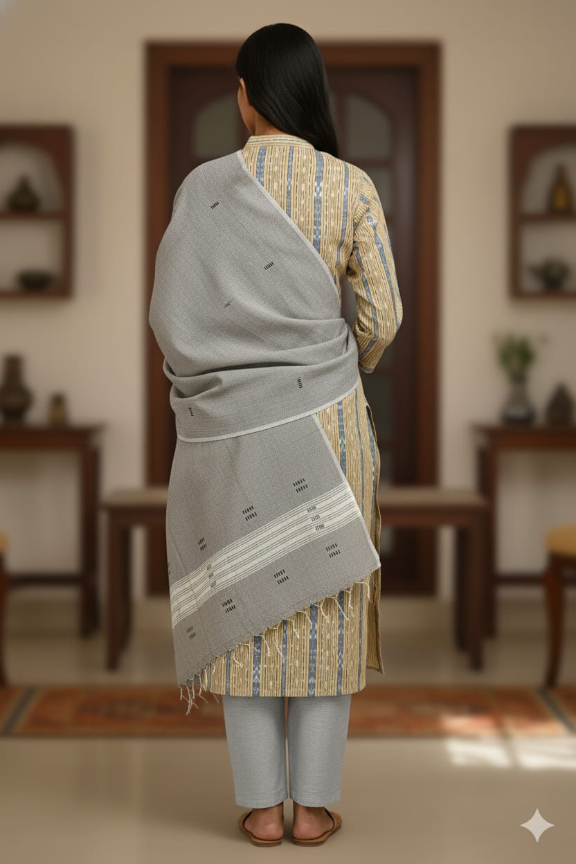 Cream Grey Handwoven Odisha Ikat Unstitched Dress Material Set (Top 2.5m, Dupatt2.5m, Bottom 2m)