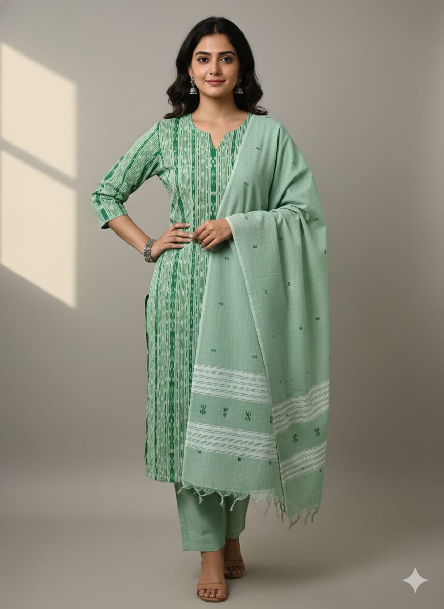 Light Green Greyish-green Handwoven Odisha Ikat Unstitched Dress Material Set (Top 2.5m, Dupatt2.5m, Bottom 2m)