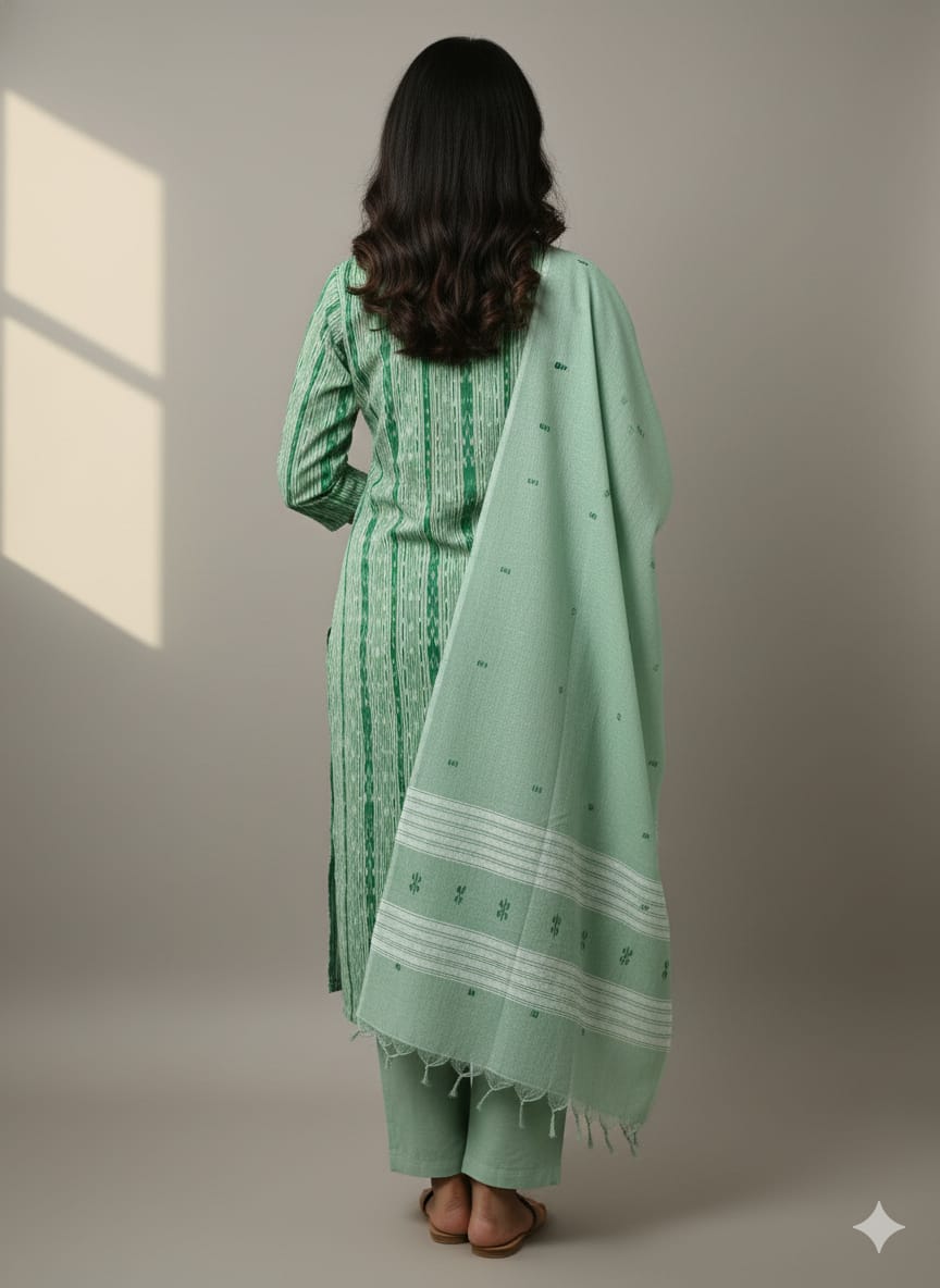 Light Green Greyish-green Handwoven Odisha Ikat Unstitched Dress Material Set (Top 2.5m, Dupatt2.5m, Bottom 2m)