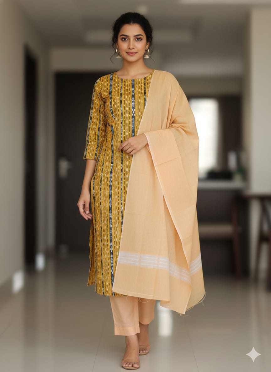 Mustard Cream Handwoven Odisha Ikat Unstitched Dress Material Set (Top 2.5m, Dupatt2.5m, Bottom 2m)