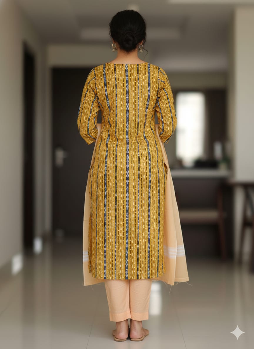 Mustard Cream Handwoven Odisha Ikat Unstitched Dress Material Set (Top 2.5m, Dupatt2.5m, Bottom 2m)