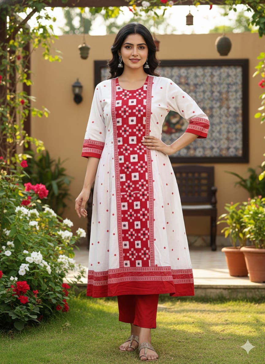White Red Body Buti Pasapali Designer A-Line Anarkali
