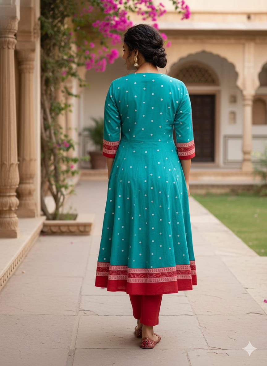 Rama Green Red White Pasapali With Flower Designer A-Line Anarkali
