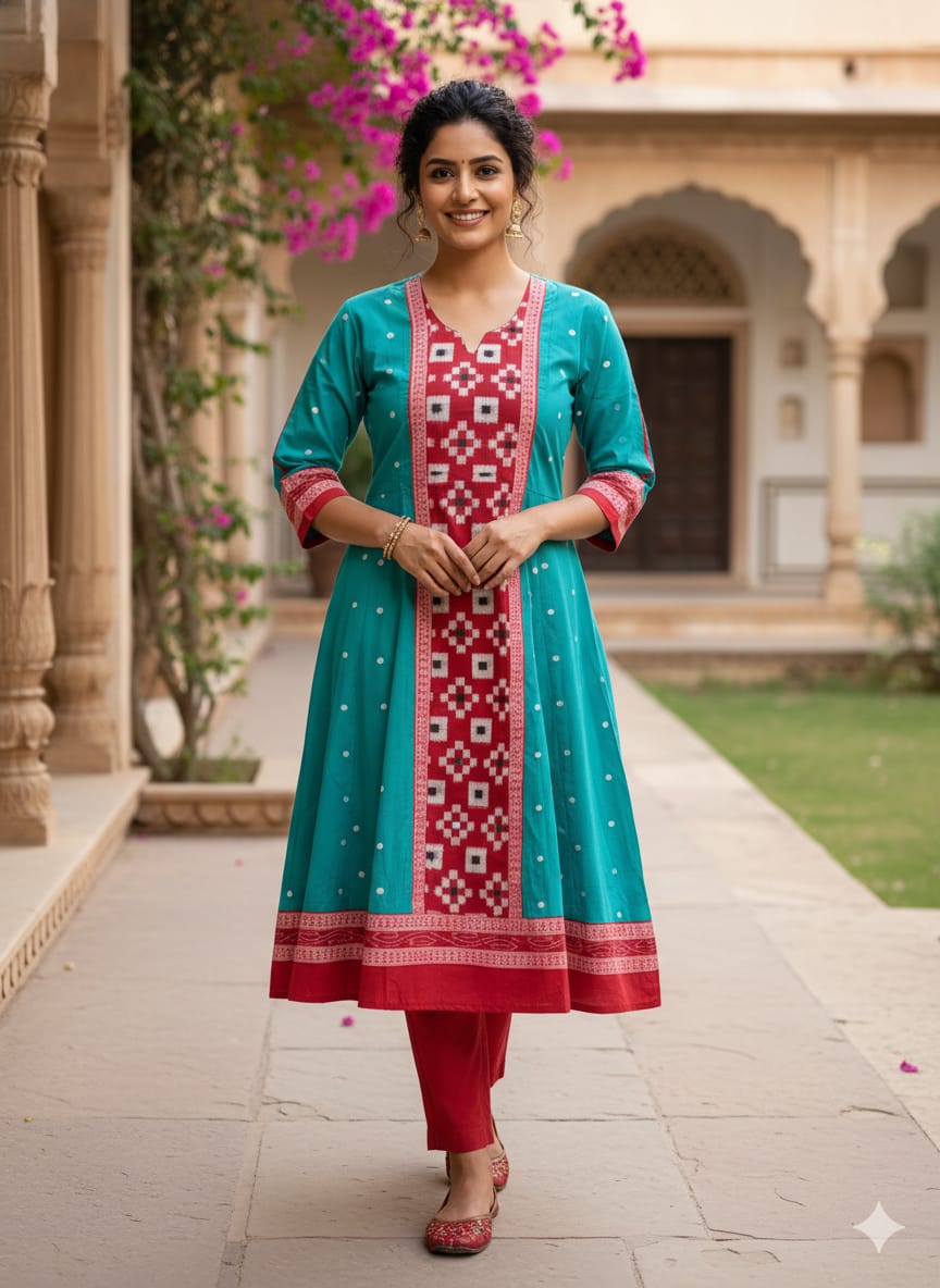 Rama Green Red White Pasapali With Flower Designer A-Line Anarkali