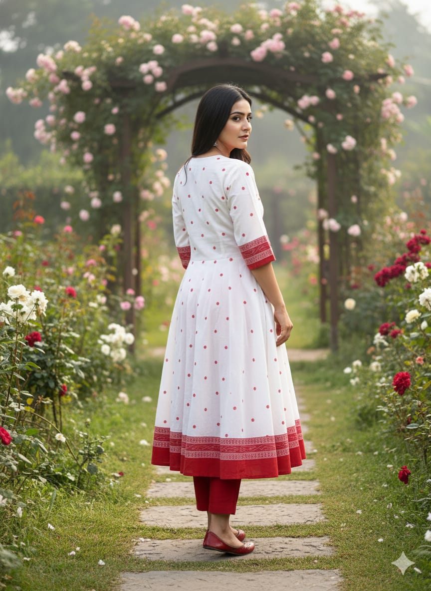 White Red Body Buti Pasapali Designer A-Line Anarkali