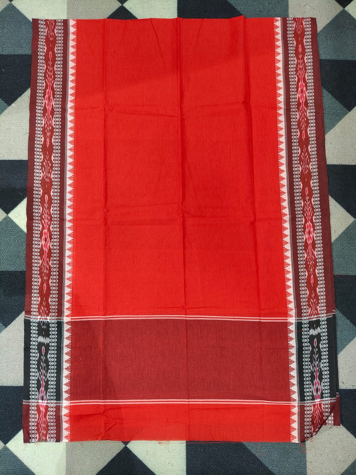 Navy Blue Red Doll Design Handwoven Odisha Ikat Unstitched Dress Material Set (Top 2.5m, Dupatt2.5m, Bottom 2m)