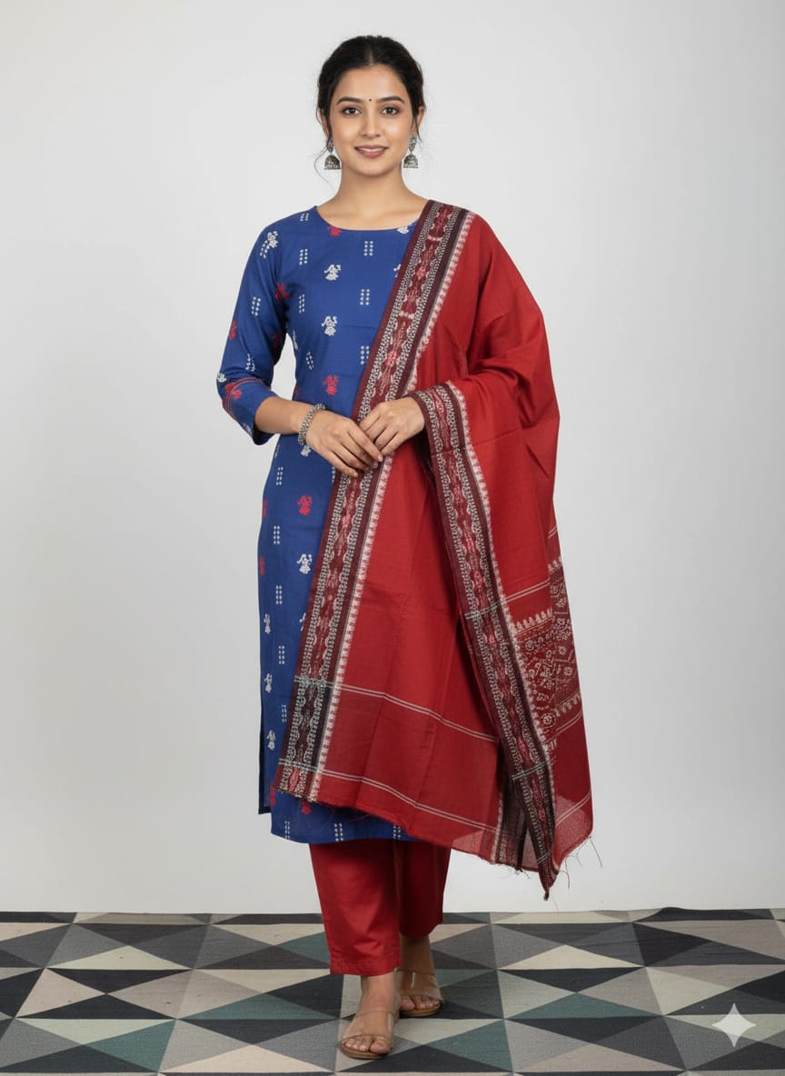 Navy Blue Red Doll Design Handwoven Odisha Ikat Unstitched Dress Material Set (Top 2.5m, Dupatt2.5m, Bottom 2m)