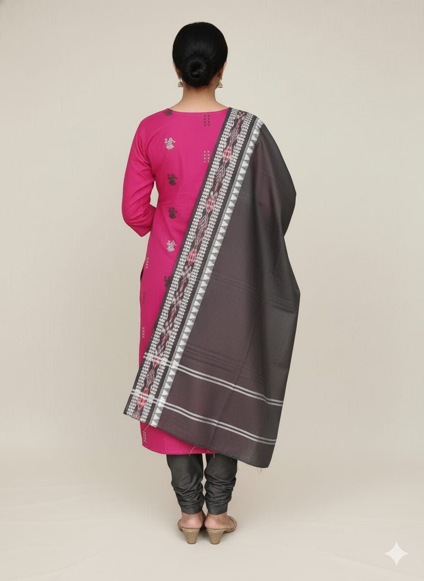 Pink Black Doll Design Handwoven Odisha Ikat Unstitched Dress Material Set (Top 2.5m, Dupatt2.5m, Bottom 2m)