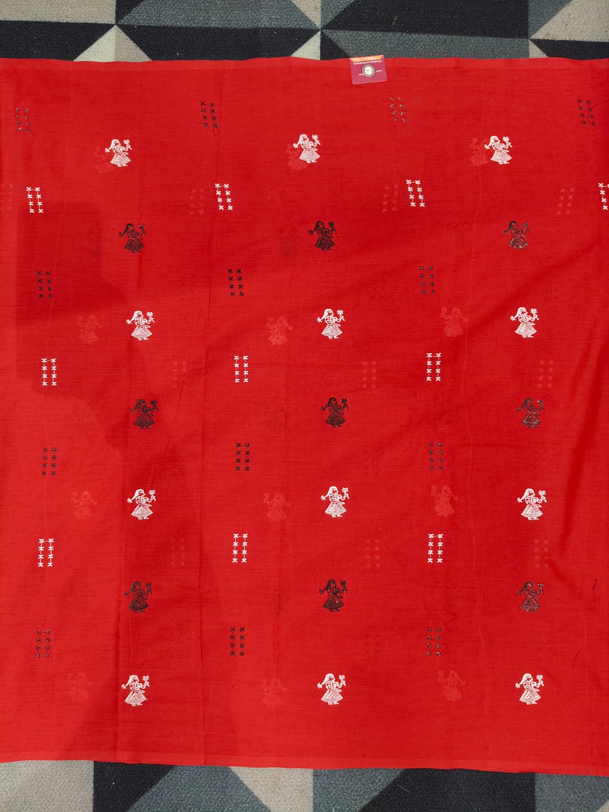 Red Black Doll Design Handwoven Odisha Ikat Unstitched Dress Material Set (Top 2.5m, Dupatt2.5m, Bottom 2m)