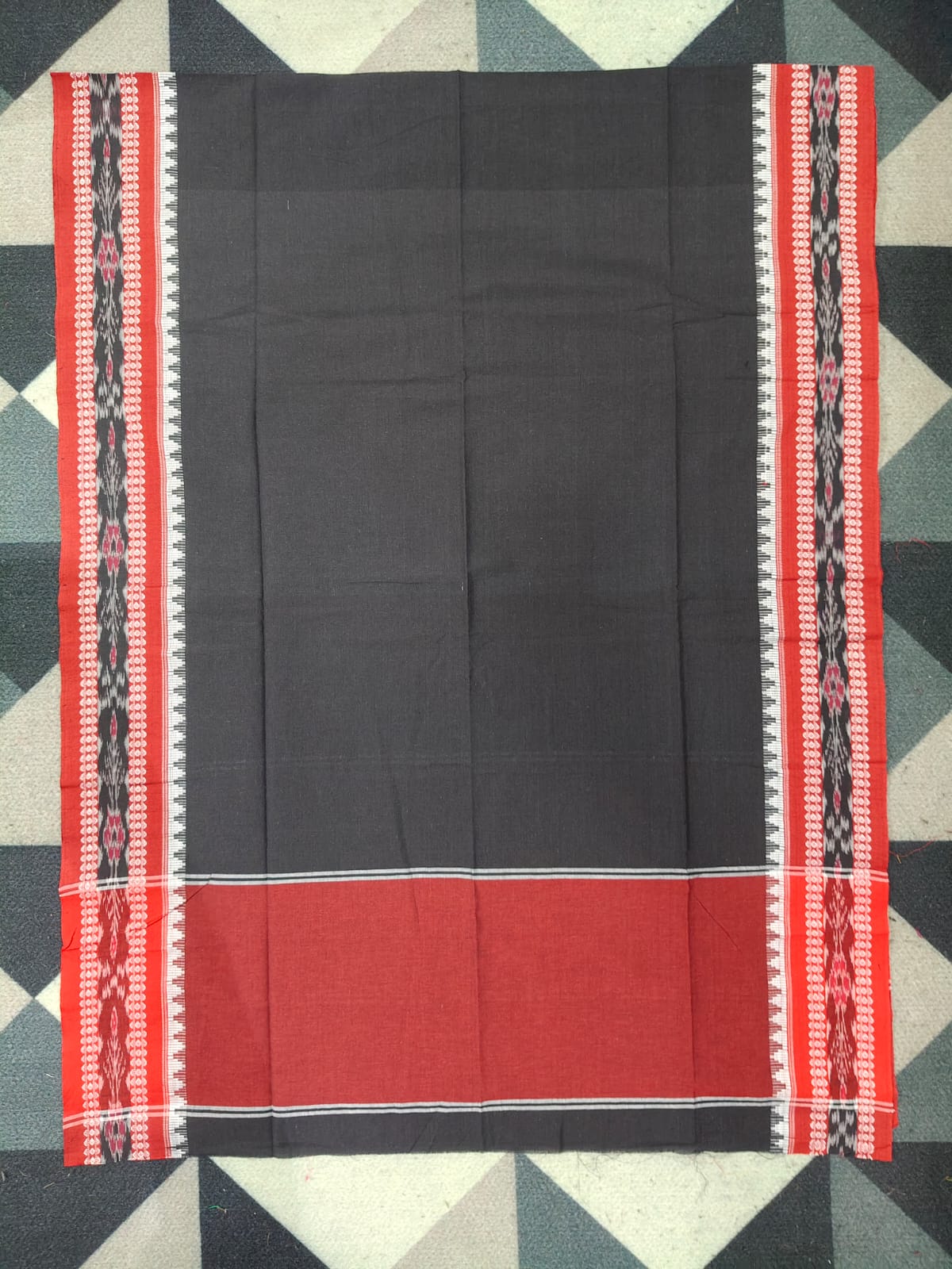 Red Black Doll Design Handwoven Odisha Ikat Unstitched Dress Material Set (Top 2.5m, Dupatt2.5m, Bottom 2m)