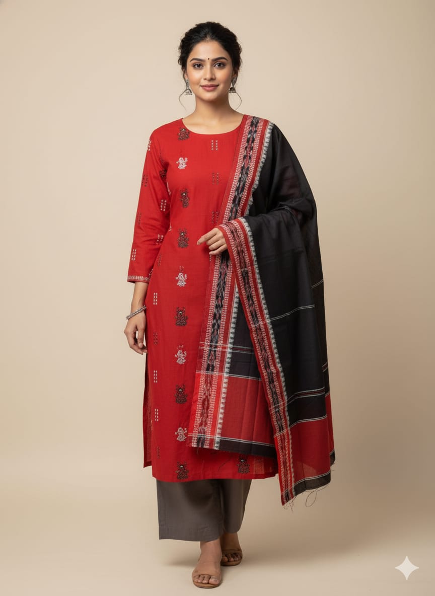 Red Black Doll Design Handwoven Odisha Ikat Unstitched Dress Material Set (Top 2.5m, Dupatt2.5m, Bottom 2m)