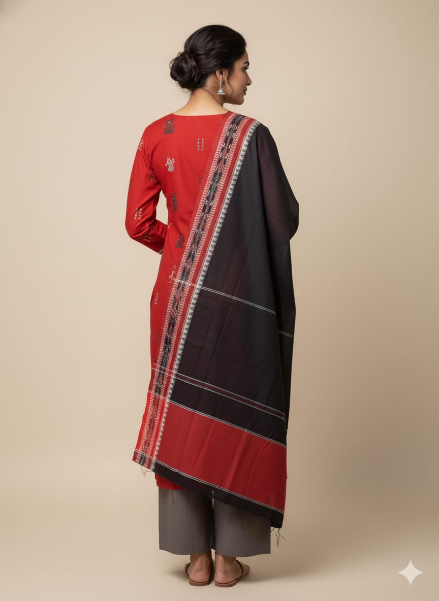 Red Black Doll Design Handwoven Odisha Ikat Unstitched Dress Material Set (Top 2.5m, Dupatt2.5m, Bottom 2m)