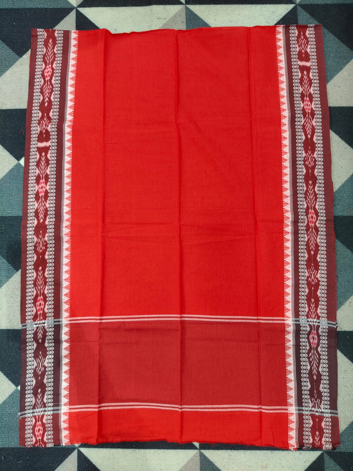 Black Red Doll Design Handwoven Odisha Ikat Unstitched Dress Material Set (Top 2.5m, Dupatt2.5m, Bottom 2m)