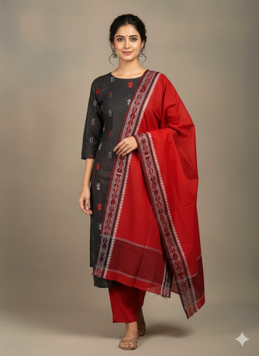 Black Red Doll Design Handwoven Odisha Ikat Unstitched Dress Material Set (Top 2.5m, Dupatt2.5m, Bottom 2m)